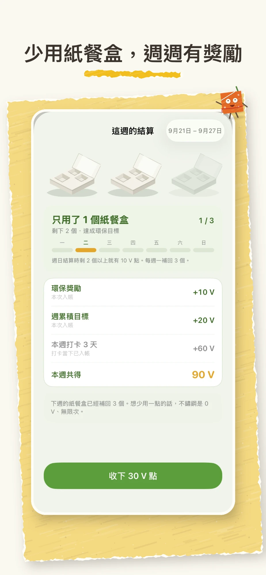 少用紙餐盒，週週有獎勵